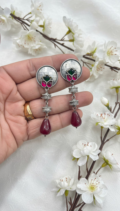 Silver Look Alike Lotus Motif Earrings | Handcrafted Brass Base with Gemstone Drops – Available in Pink, Green, Red & Yellow | Limited Edition