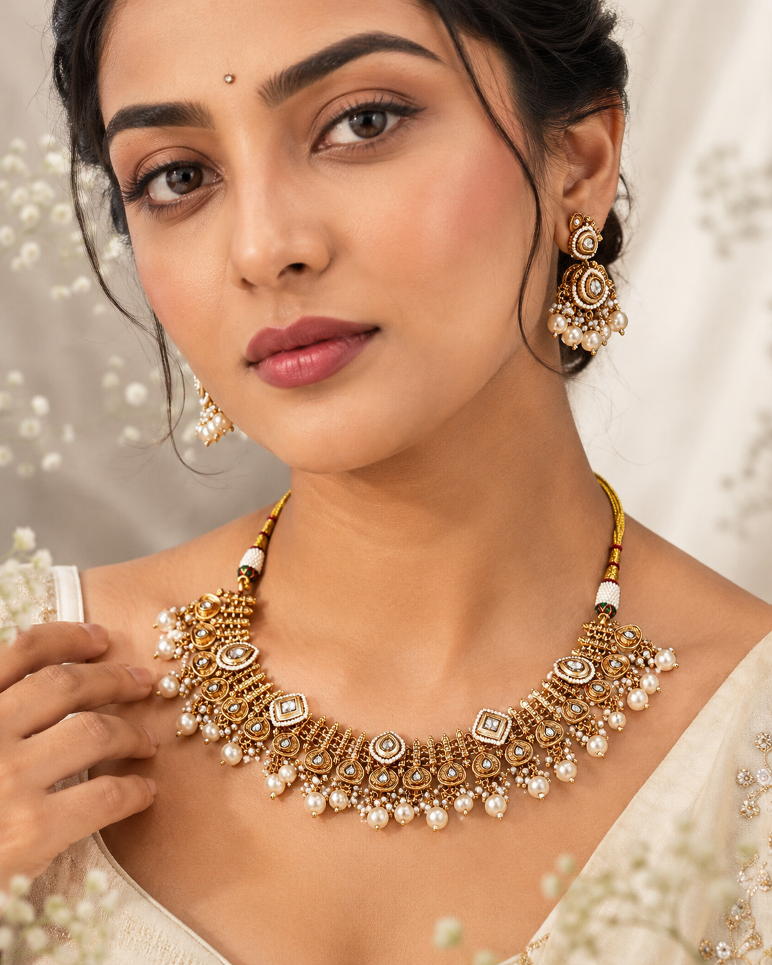 Aarvika Gold Lookalike Jadtar Kundan Pearl Necklace Set with Jhumka Earrings | Traditional Bridal Jewellery