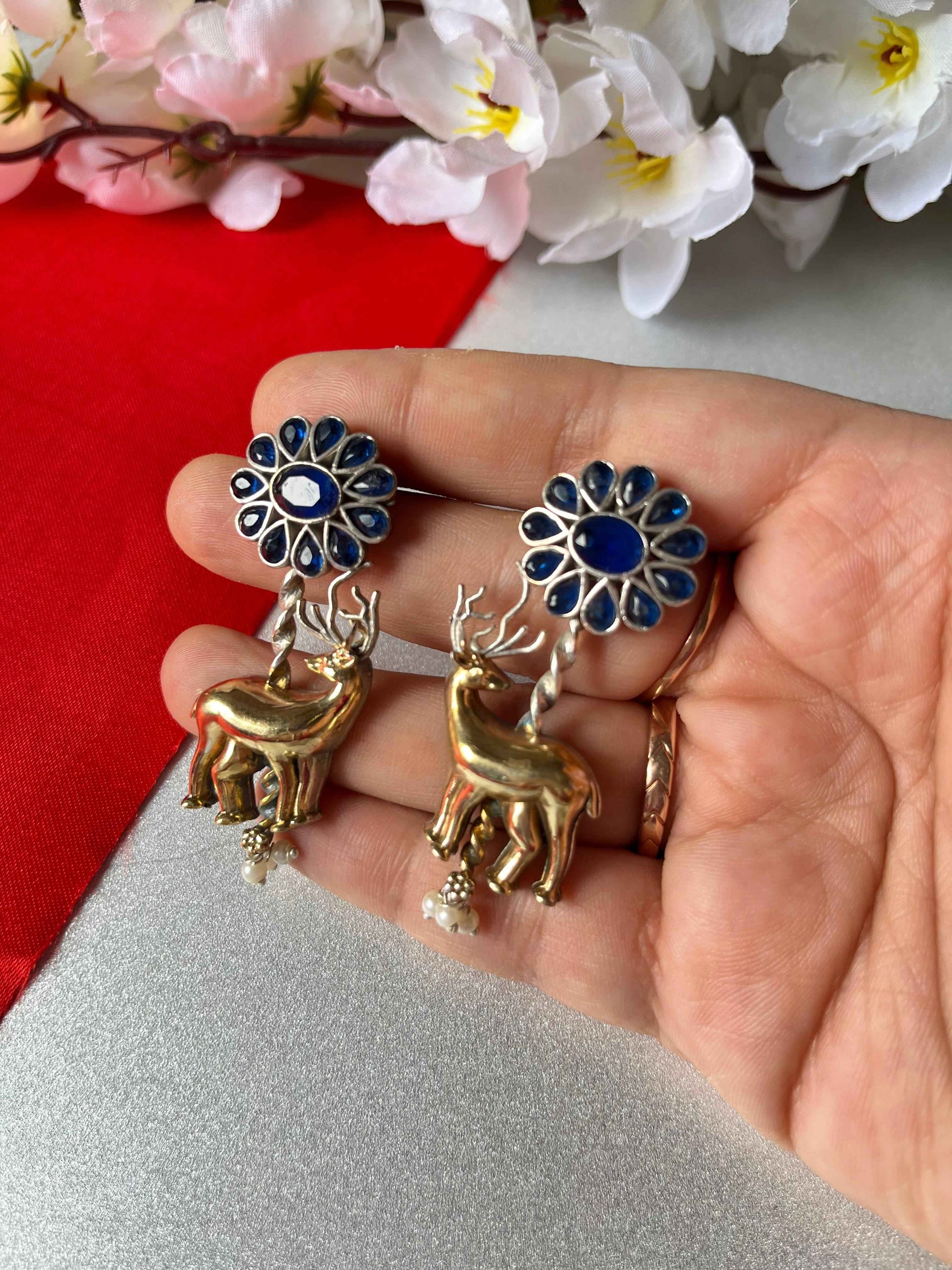 Stone SLA Dual Tone Deer Earrings Blue and Green Variant Kundan Style Statement Earrings Alankrent