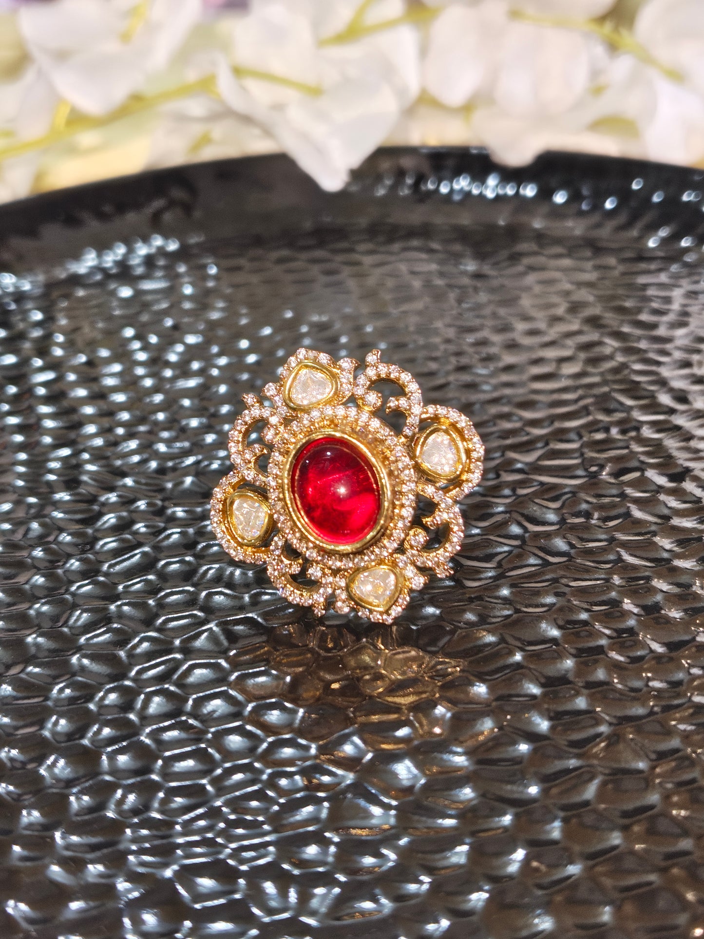 Meherza Polki Moissanite Red Stone Ring with CZ Diamonds Adjustable Statement Ring  | Moissanite Jewellery India | Premium Indian Jewellery