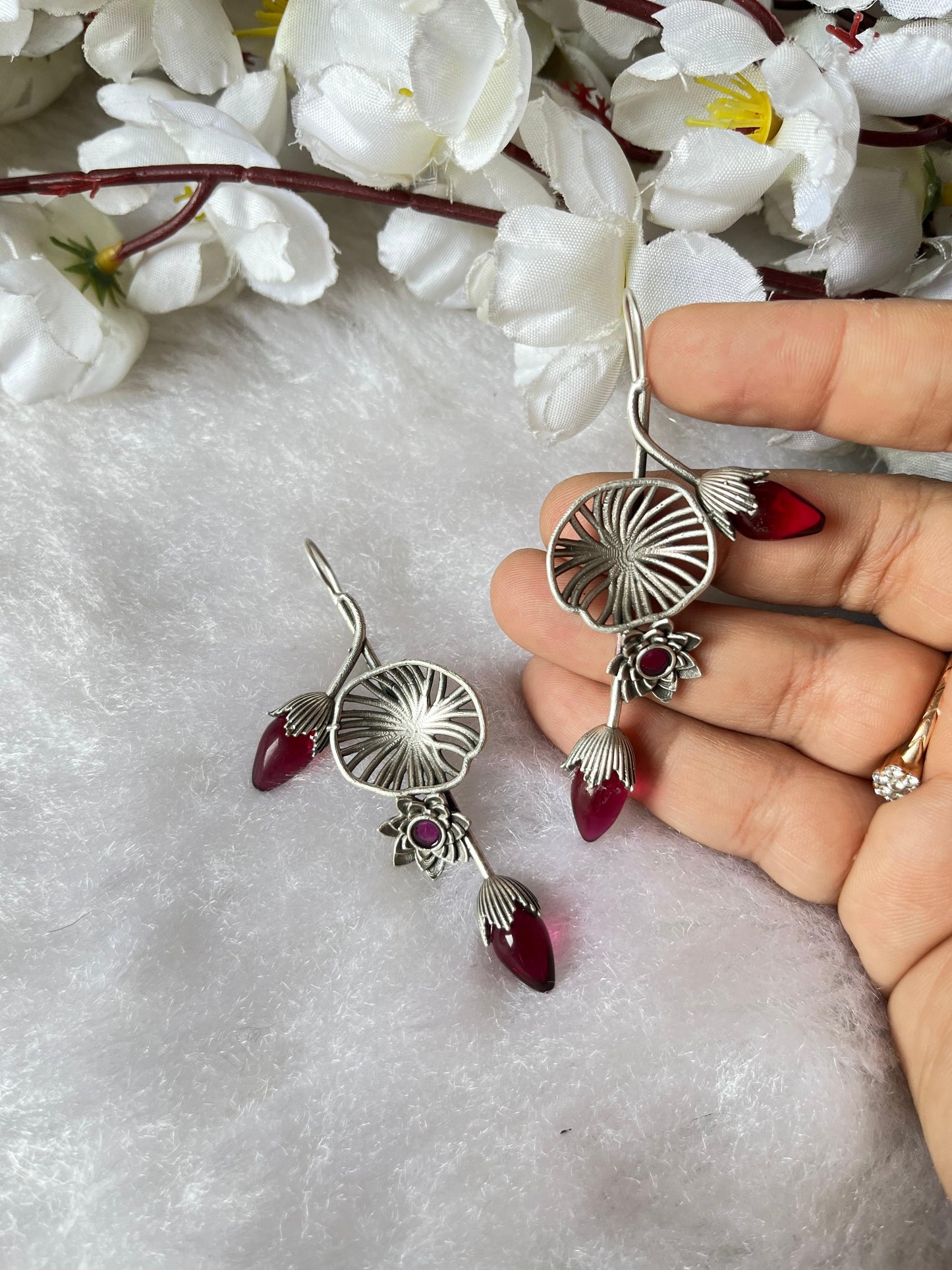 Lotus Bloom Silver Drop Earrings – Elegant Oxidised Floral Design with Stone Detailing