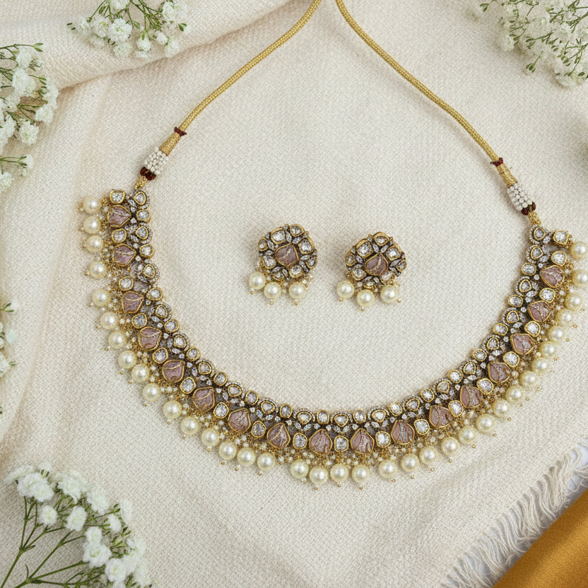 Victorian Pearl Drop Kundan Necklace Set With Champagne Stone Detailing Elegant Bridal Jewellery by Alankrent