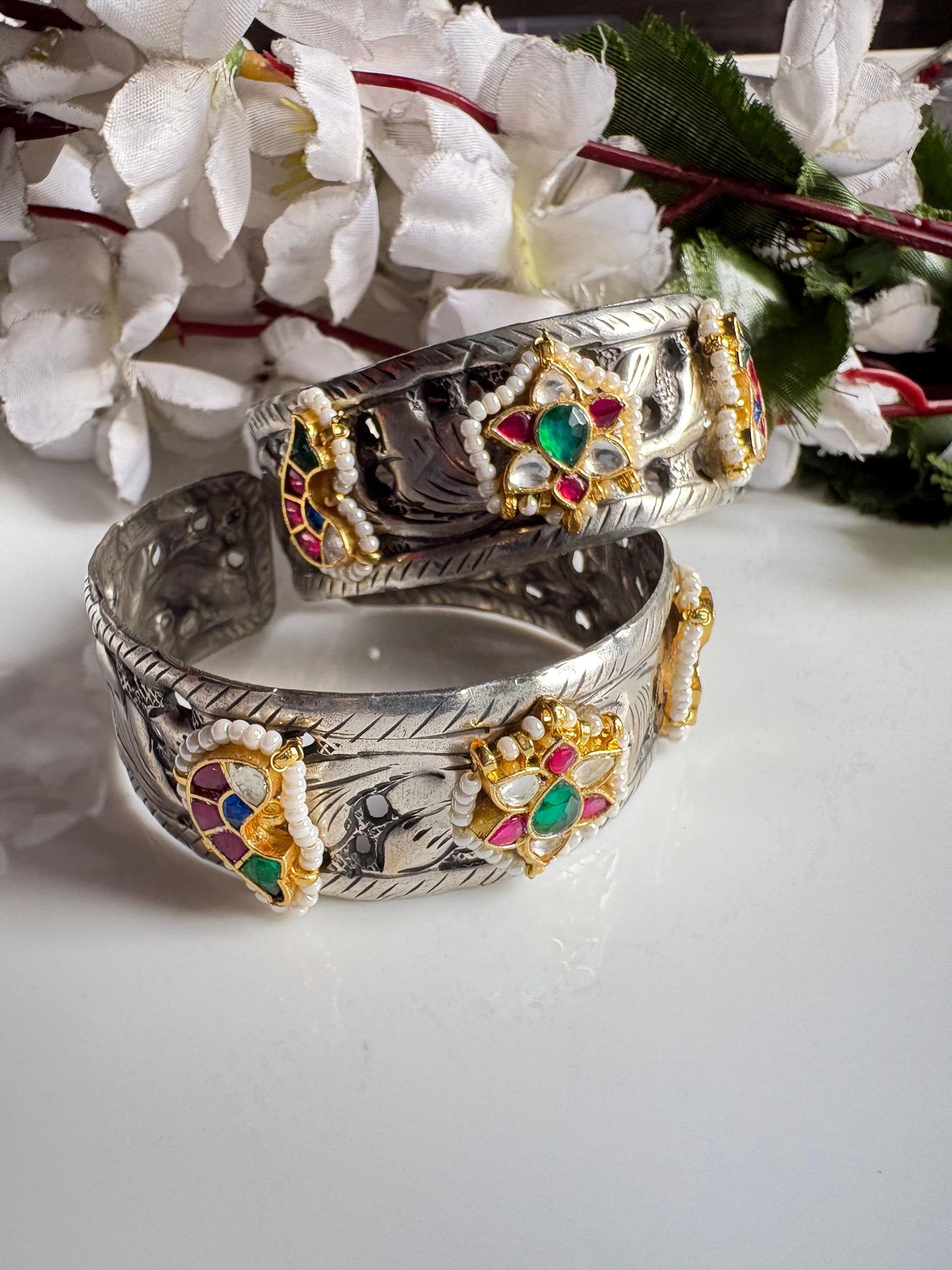 Varnika Premium Kundan Fusion German Silver Flexible Handcuff Kada(Pair) | Brass Based Adjustable Statement Bangle for Women