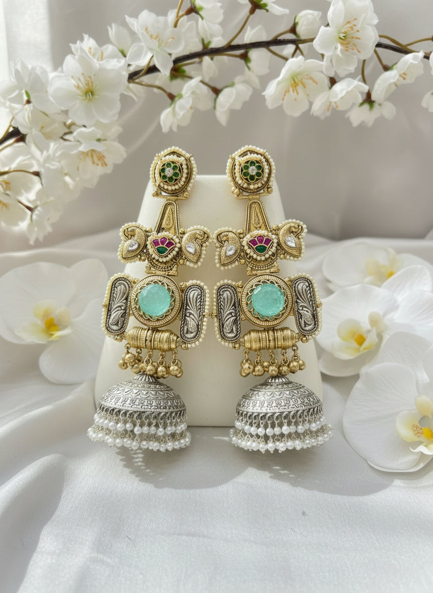 Royal Dual-Tone Temple Jhumka Collection | Antique Gold–Silver Heritage Earrings