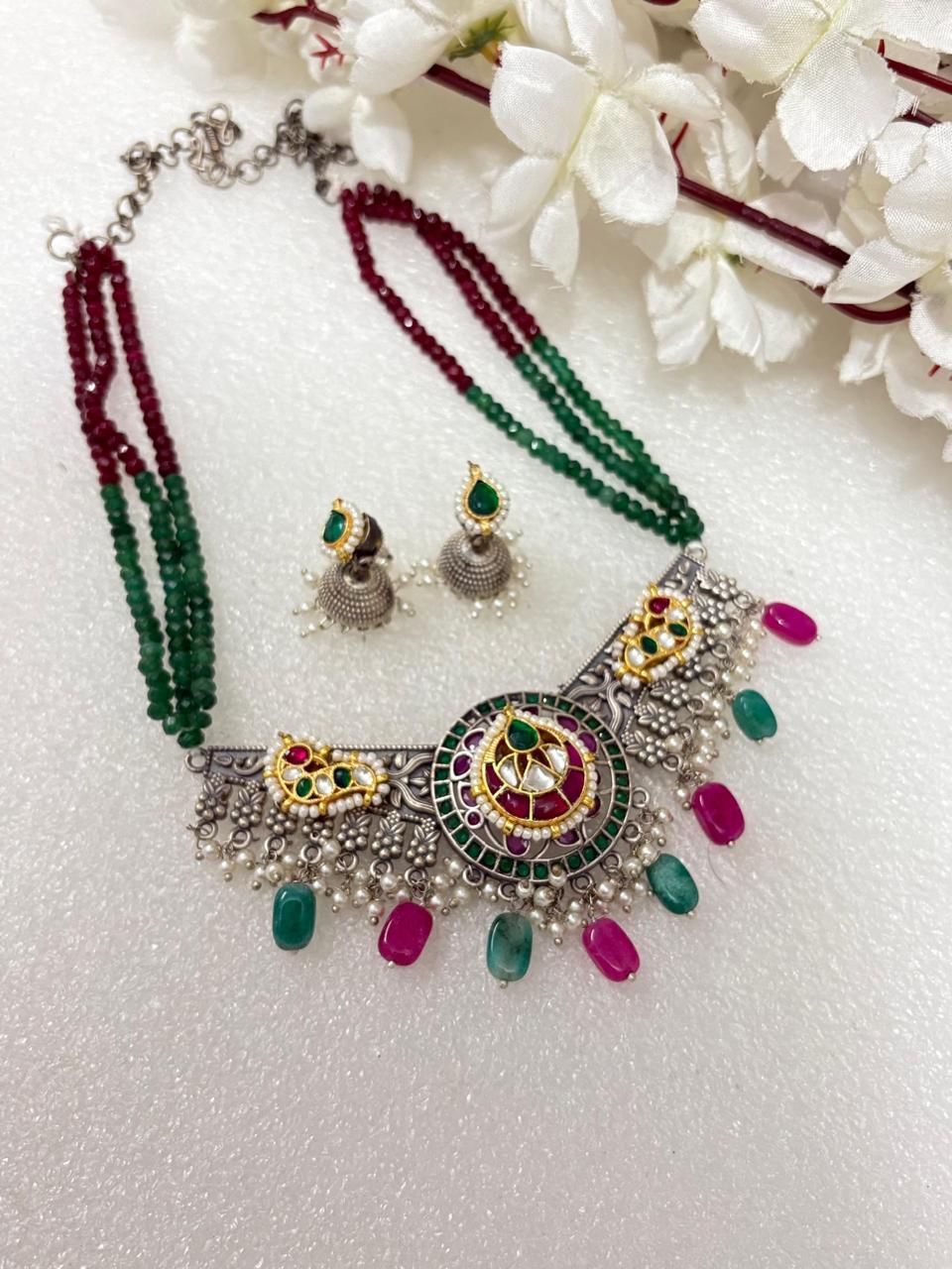 Ruby Green Silver Lookalike Choker with Kundan Fusion & Round Earrings