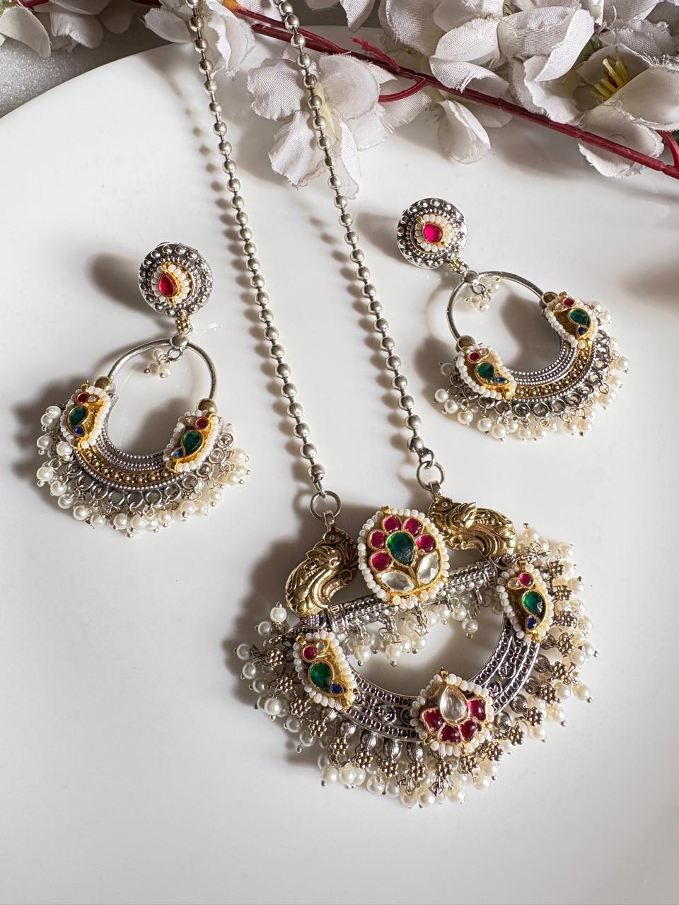 Chandrika Navrang Dual Tone SLA Kundan Necklace Set with Pearl Fringe & Hoop Earrings | Premium Ethnic Jewellery  Ready Stock | Alankrent | AK-NV-PF12 by Alankrent