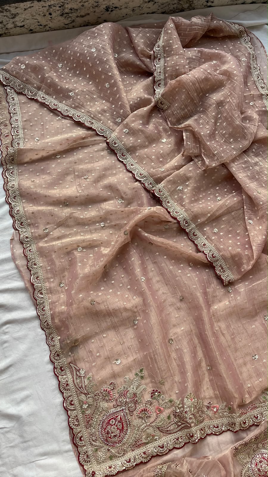 Gulnaar Royale Blush Pink Tissue Banarasi Saree with Pearl, Dori & Sequins Embroidery