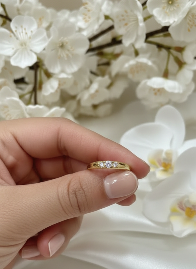 Anti-Tarnish Gold Tria Glow Ring | Three-Stone CZ Band for Everyday Wear