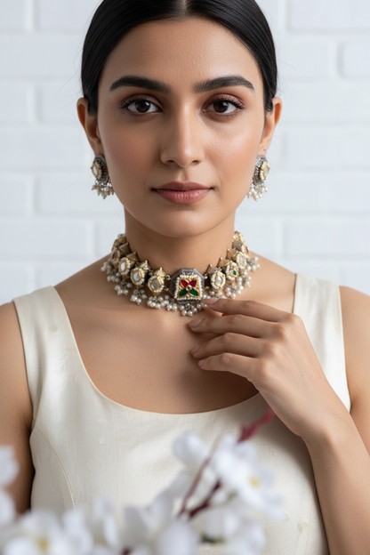 Noorika Dualtone Kundan Fusion Necklace Set with Earrings