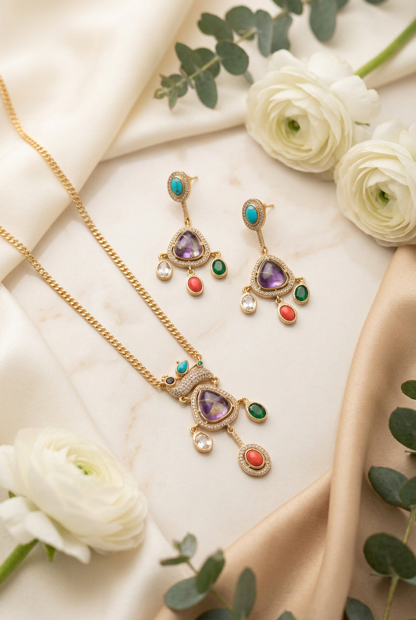 Mayurika Multicolour Moissanite Stone Long Pendant Necklace Set with Earrings