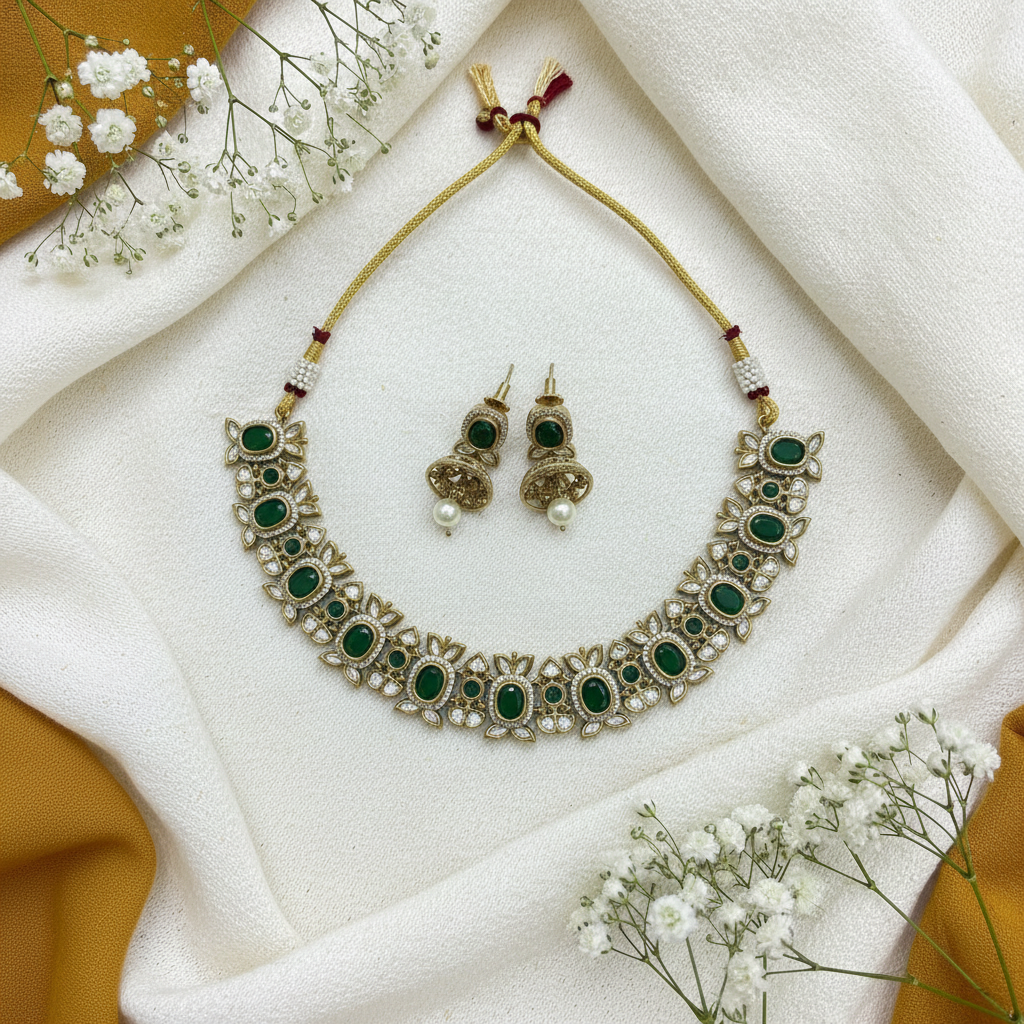 Victorian Emerald Green Kundan Necklace Set With Floral Motifs Jhumka Earrings Elegant Bridal Jewellery by Alankrent