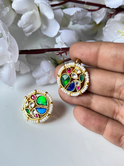 Premium Round Multicolor Kundan Earclips with Pearl Border Wedding and Festive Jewellery Alankrent Luxe - Alankrent Luxe