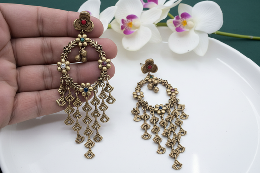 Antique Gold Finish Floral Chandbali Earrings With Multicolour Stone Drops Statement Ethnic Jewellery