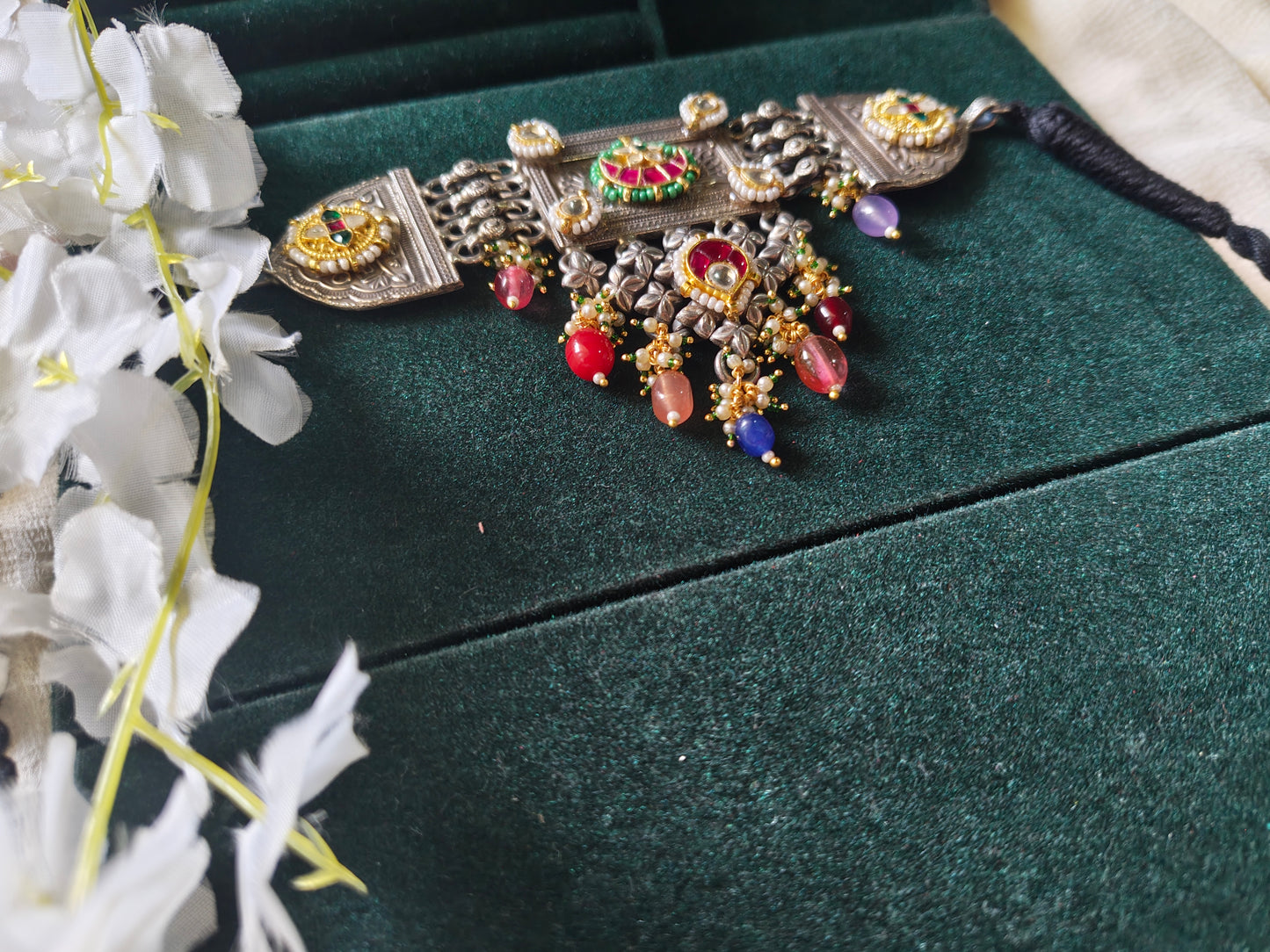 Mayurika Heritage Dual Tone Kundan Choker | SLA Silver Look-Alike Statement Choker Necklace
