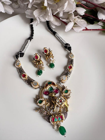 Gopika Nandi Thread SLA Long Necklace Set with Earrings | Kundan Fusion Antique Dual Tone Necklace