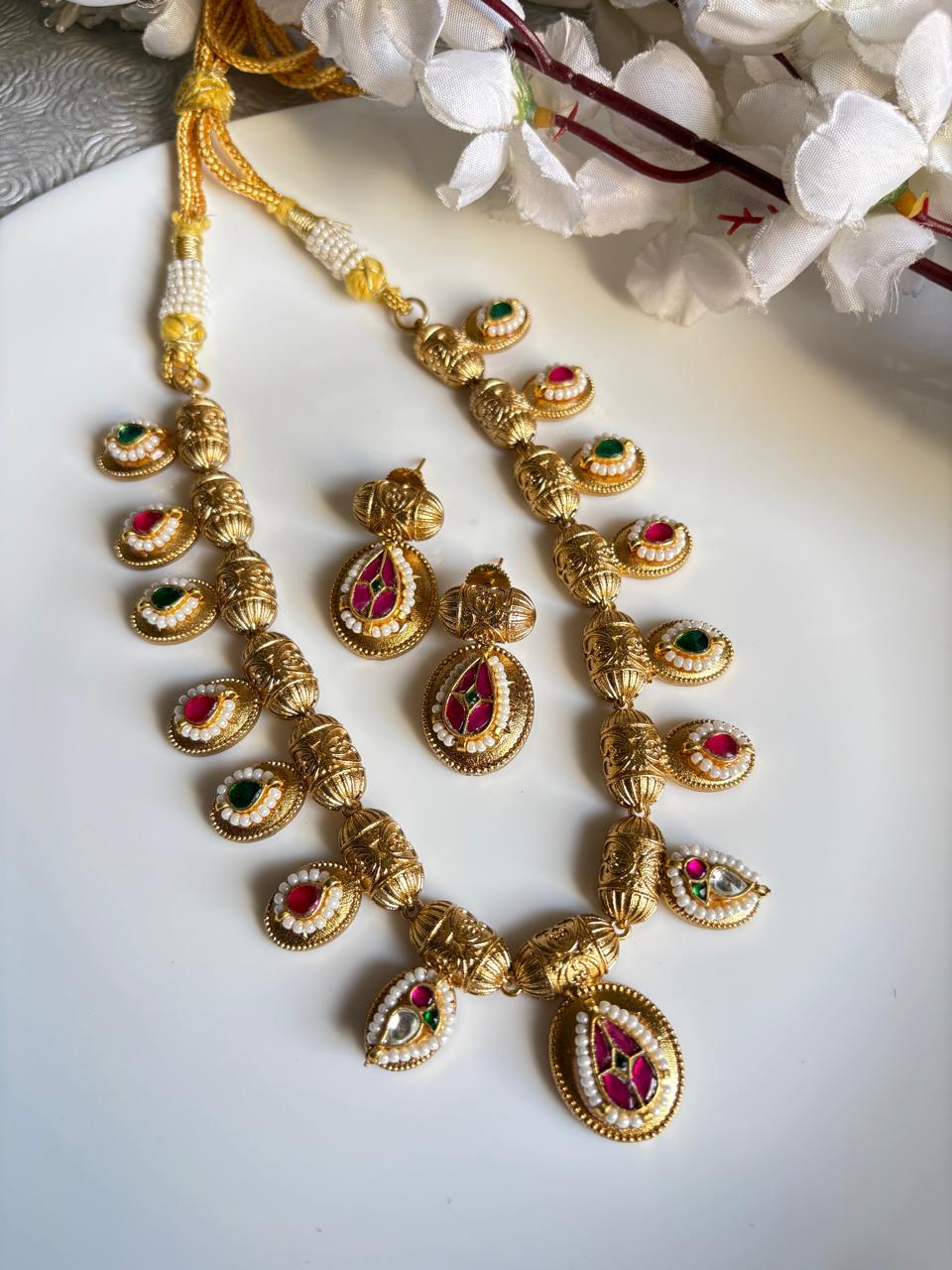 SLA Gold Matt Long Kundan Fusion Necklace Set with Earrings | Premium Ethnic Wear | Ready Stock | Alankrent | AK-20260112-LN47 by Alankrent