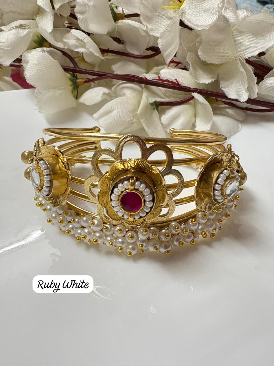 Traditional Antique Gold Tone Floral Kada/Handcuff with Pearl Danglers