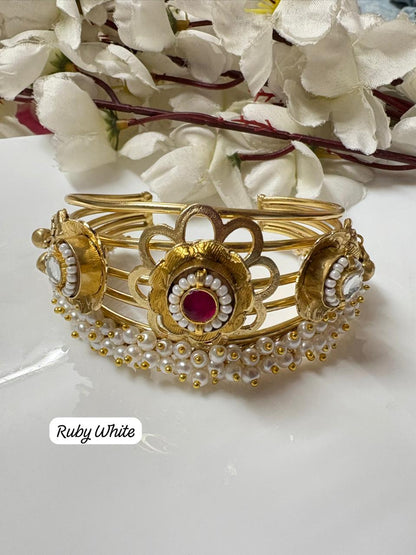 Traditional Antique Gold Tone Floral Kada/Handcuff with Pearl Danglers