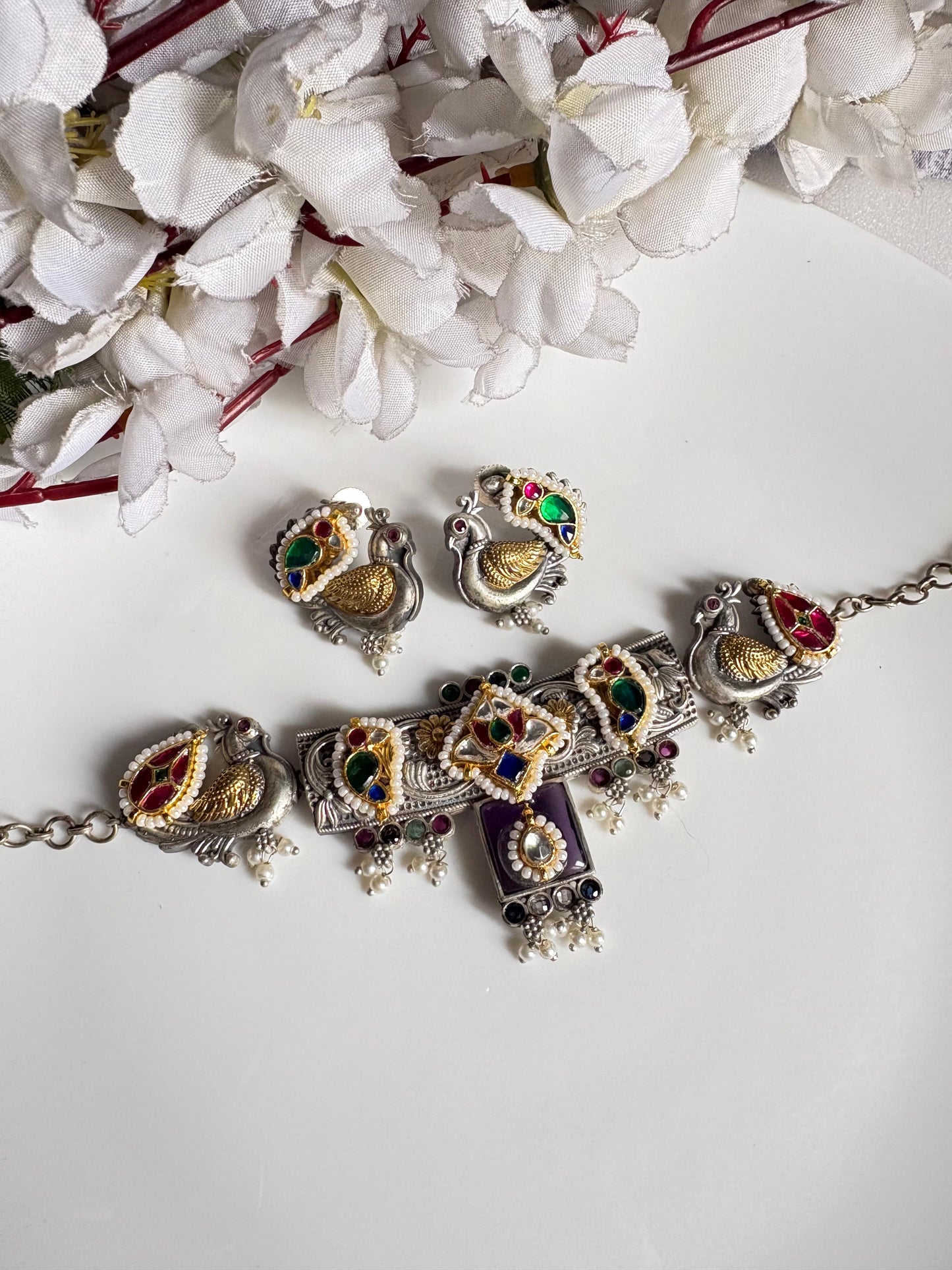 Mayurika Premium SLA Dualtone Peacock Choker Necklace with Kundan Fusion and Earrings for Women