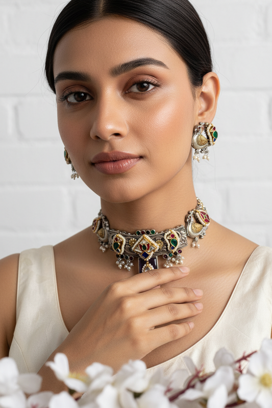 Mayurika Premium SLA Dualtone Peacock Choker Necklace with Kundan Fusion and Earrings for Women