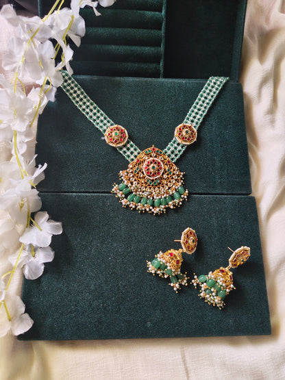 Aarunya Polki Kundan Pearl Choker Set | Green Beaded Bridal Necklace with Jhumka Earrings