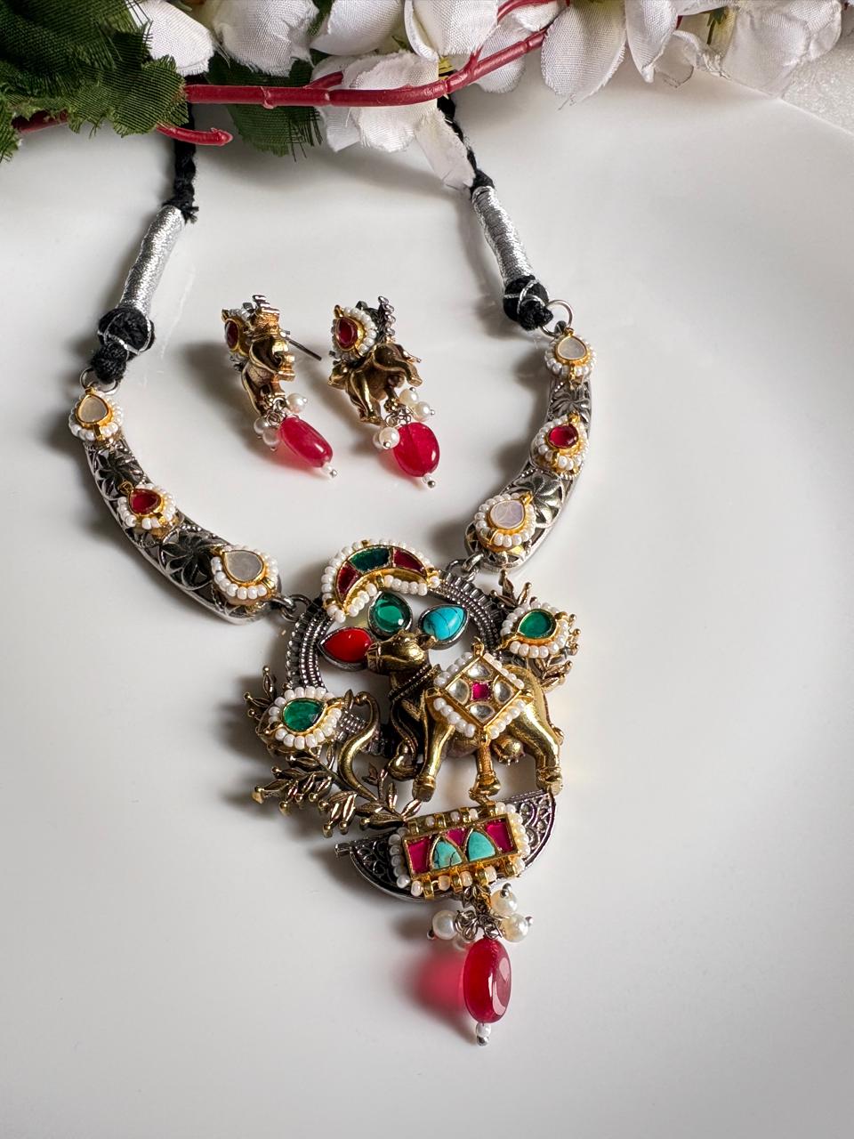 Gopika Nandi Thread SLA Long Necklace Set with Earrings | Kundan Fusion Antique Dual Tone Necklace