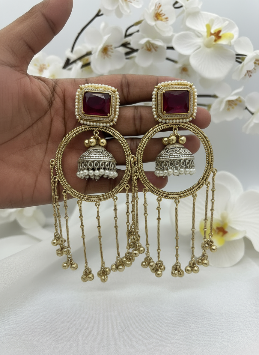 Kashmiri Noor Emerald Chandbali – Heritage Statement Earrings with Pearl Detailing