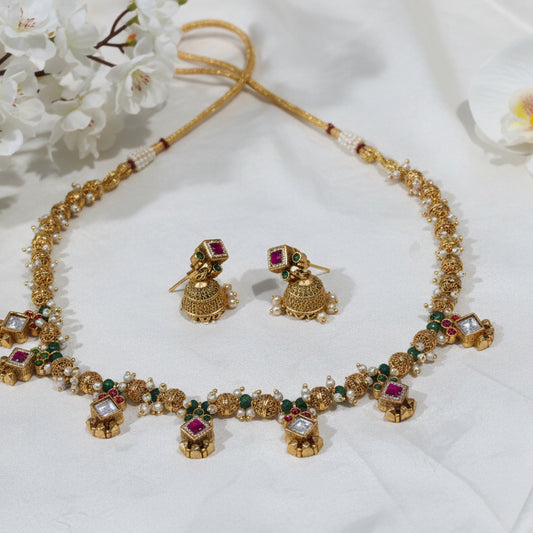 Royal SquareJadtar Kundan Necklace Set with Green Beads & Pink Stone Drops | Traditional Gold Bridal Jewellery – Alankrent