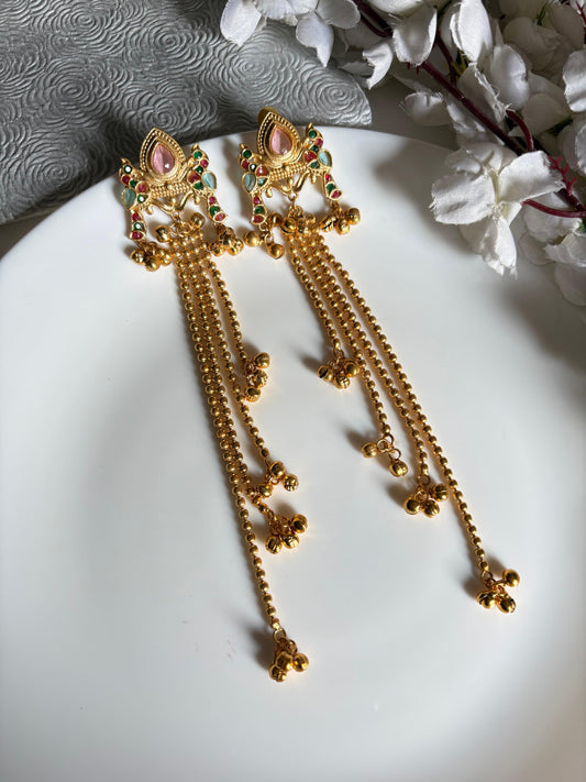 Premium Long Kashmiri Chain Earrings With Gold Polish Traditional Festive Statement