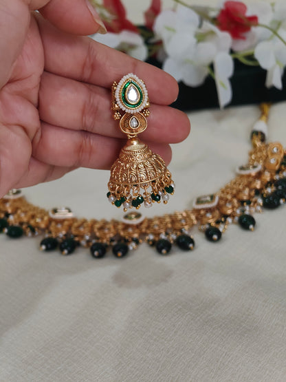Mehera Gold Lookalike Jadtar Kundan Necklace Set with Green Bead Drops & Jhumka Earrings | Traditional Bridal Jewellery