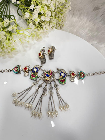 Rangvalli Kundan Fusion Dual Tone Choker Necklace Set with Earrings | Premium SLA Jewellery
