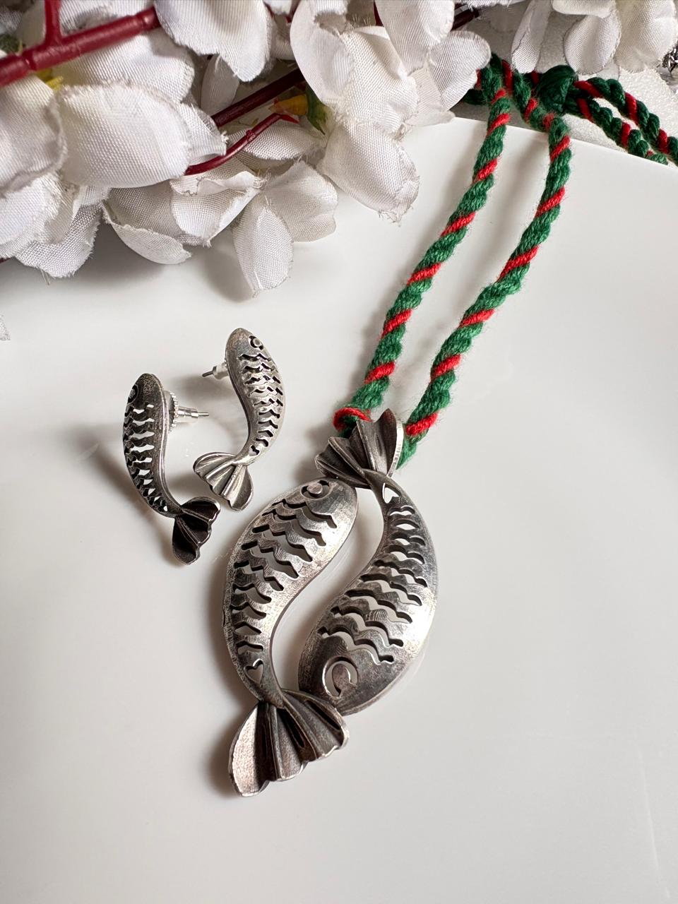 Matsyamala SLA Fish Pendant Set with Earrings | Antique Silver Fish Pendant Necklace with Colourful Thread Cord