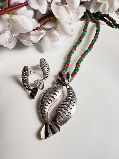 Matsyamala SLA Fish Pendant Set with Earrings | Antique Silver Fish Pendant Necklace with Colourful Thread Cord