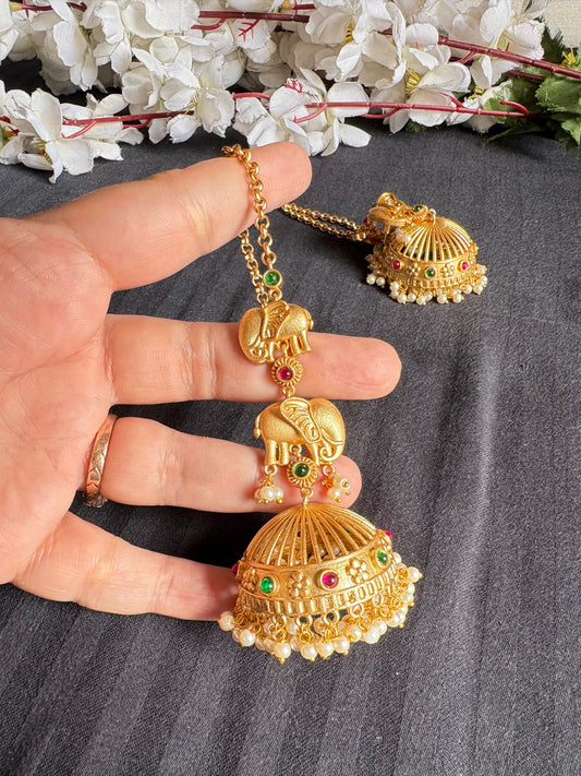 Gold Matt Kaan Chain Long Earrings with Jhumka – Temple Style Jewellery – Handcrafted Indian Kundan Jewellery | Premium Statement Necklace Set Online