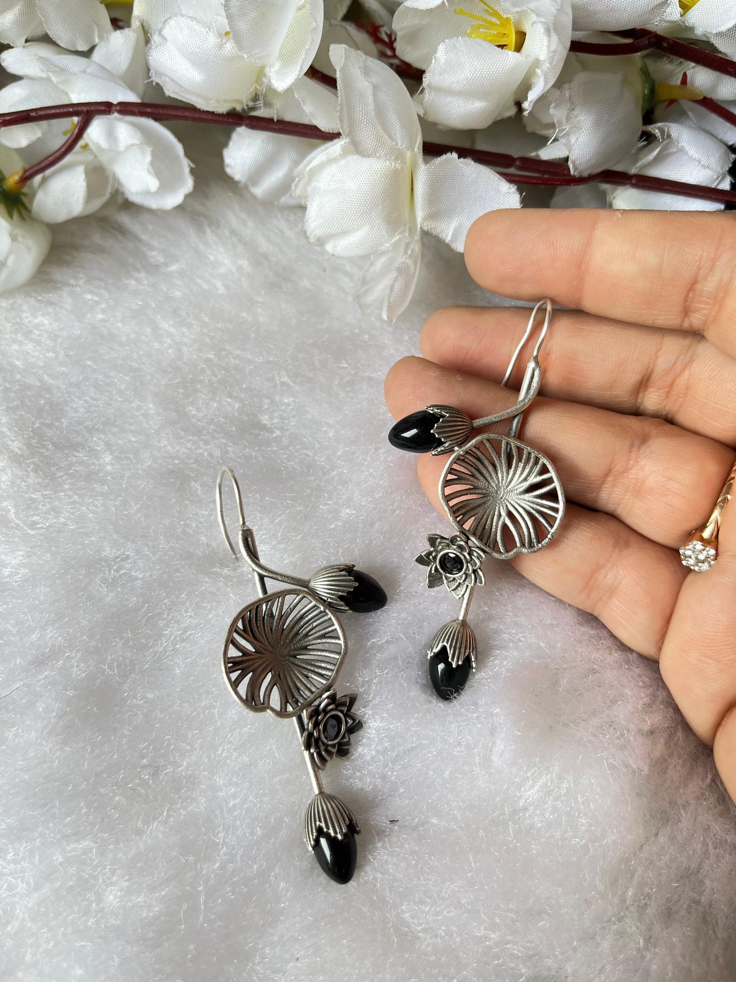 Lotus Bloom Silver Drop Earrings – Elegant Oxidised Floral Design with Stone Detailing