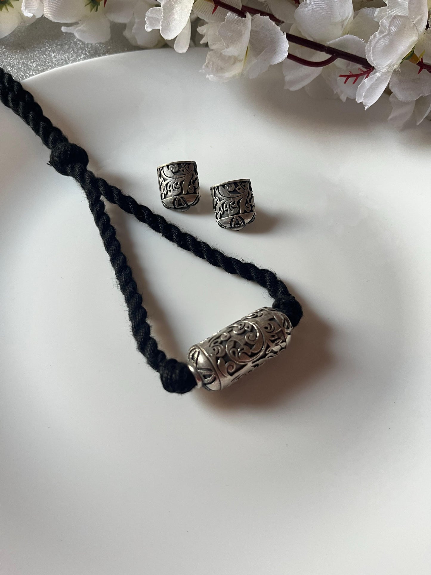 Premium Silver Look SLA Thread Necklace Set with Earrings for Women Online