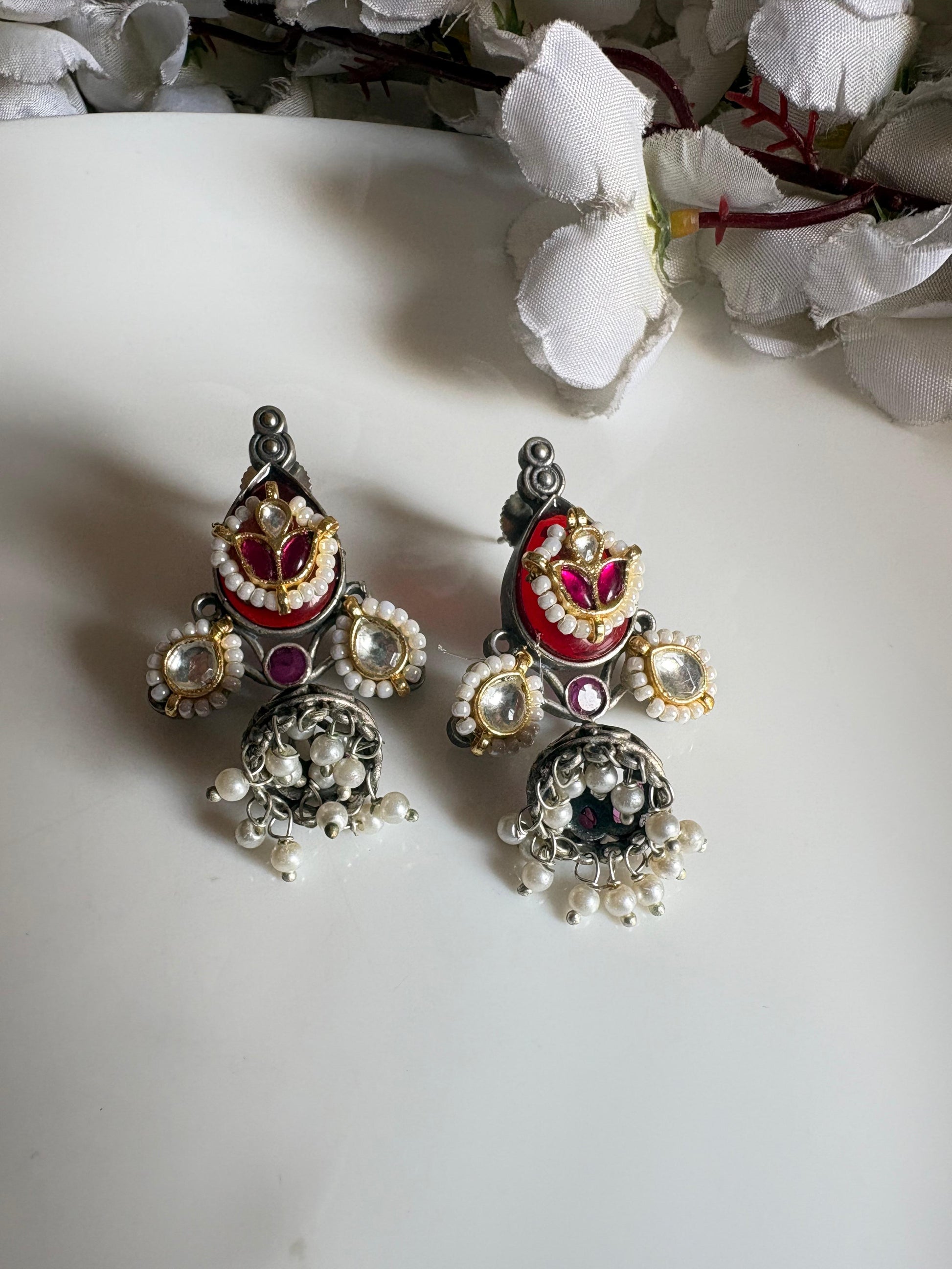 Dual-Tone Kundan Fusion Jhumka Earrings with Pearl Drops (Blue/Red/Green) | Alankrent - Alankrent Luxe