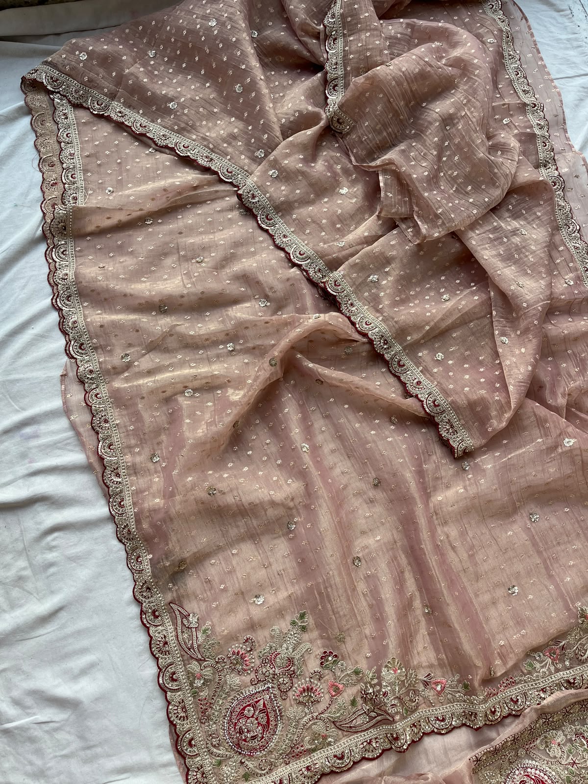 Gulnaar Royale Blush Pink Tissue Banarasi Saree with Pearl, Dori & Sequins Embroidery