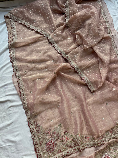Gulnaar Royale Blush Pink Tissue Banarasi Saree with Pearl, Dori & Sequins Embroidery