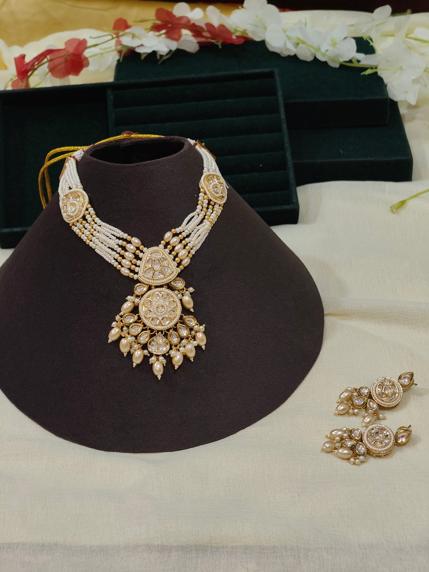 Mrinalini Moissanite Pearl Choker Necklace Set with Matching Earrings | Premium Bridal Jewellery