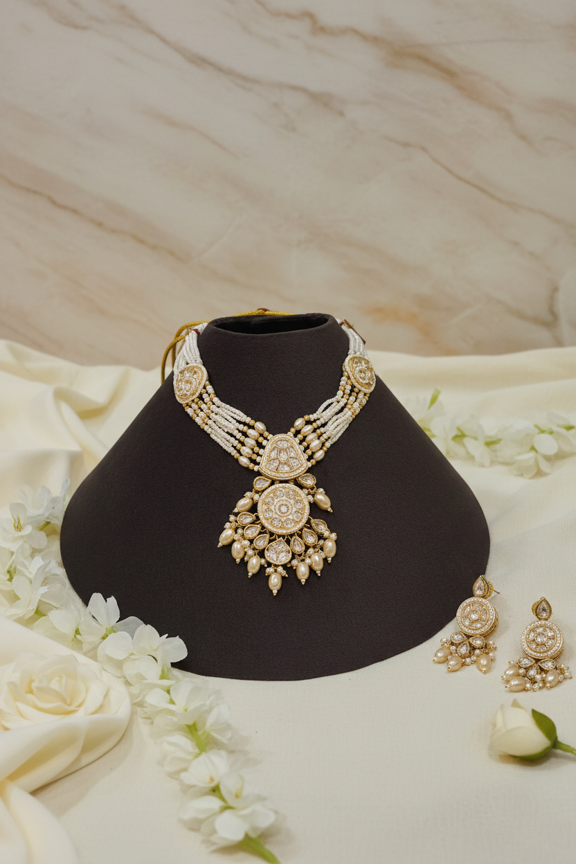 Mrinalini Moissanite Pearl Choker Necklace Set with Matching Earrings | Premium Bridal Jewellery