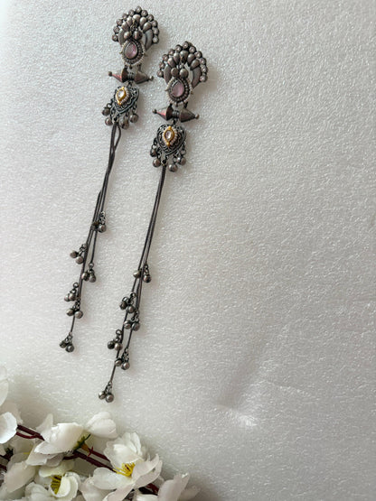 Tribal Long Chain Earrings with Coloured Stones | Festive Latkan Jewellery