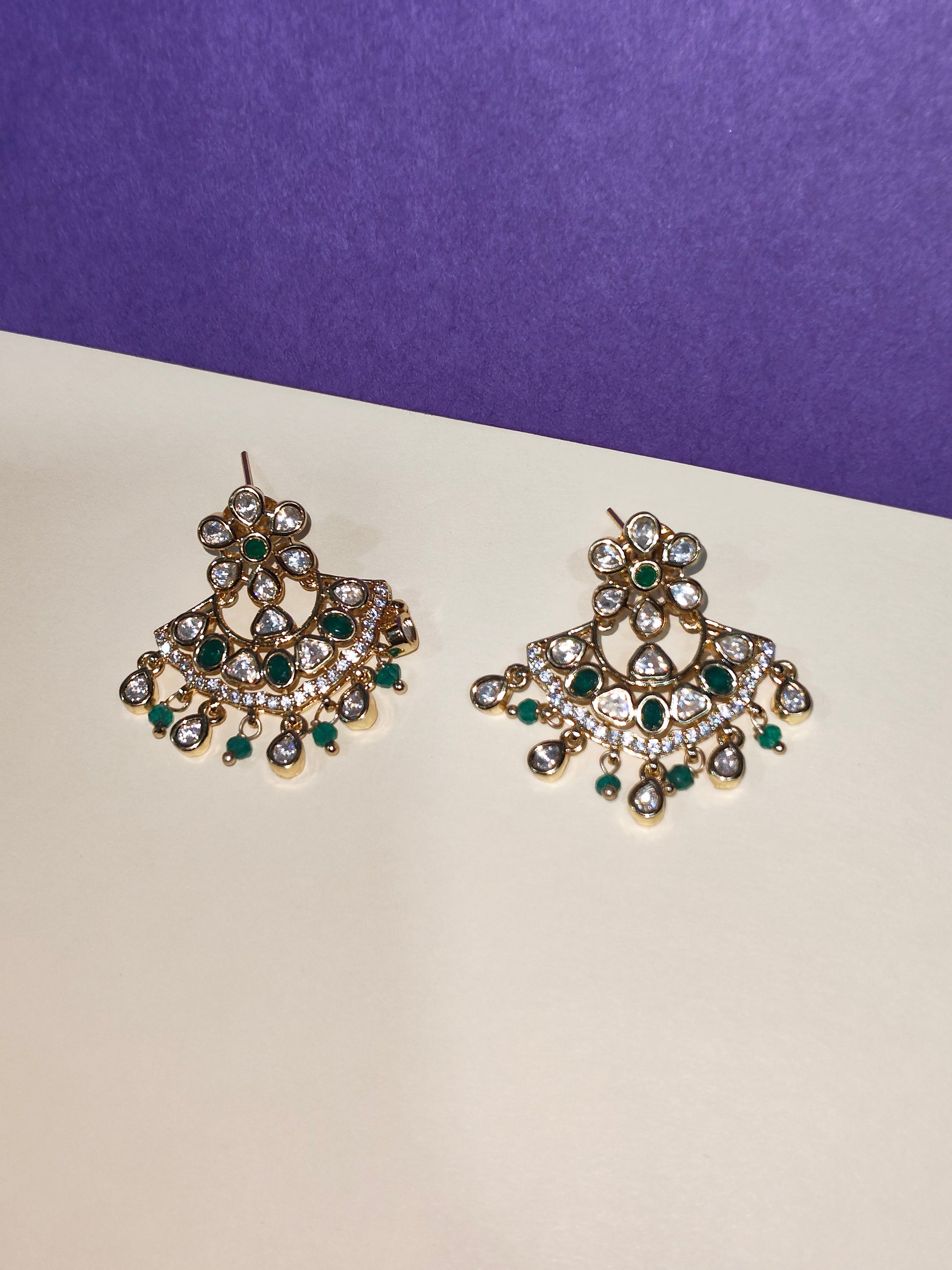 Premium Moissanite Polki Chandbali Earrings with Emerald Green Stones | Alankrent - Alankrent Luxe