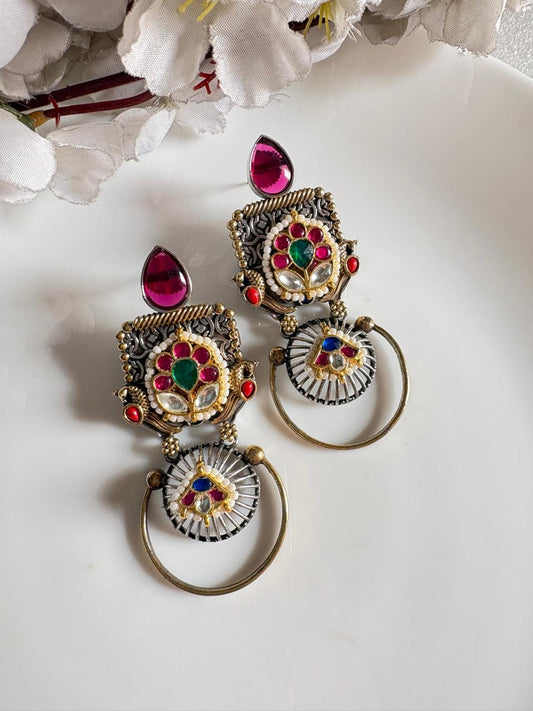 Dual Tone Kundan Fusion Statement Earrings with Multicolor Stones | Alankrent