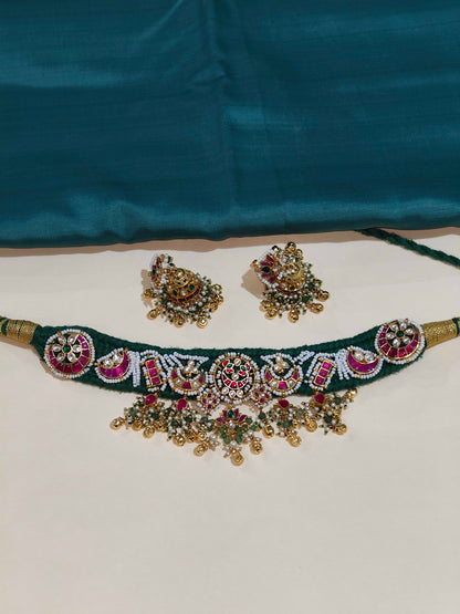 Handmade Cotton Crochet Pacchi Kundan Choker Set with Jhumka Earrings | Alankrent Luxe