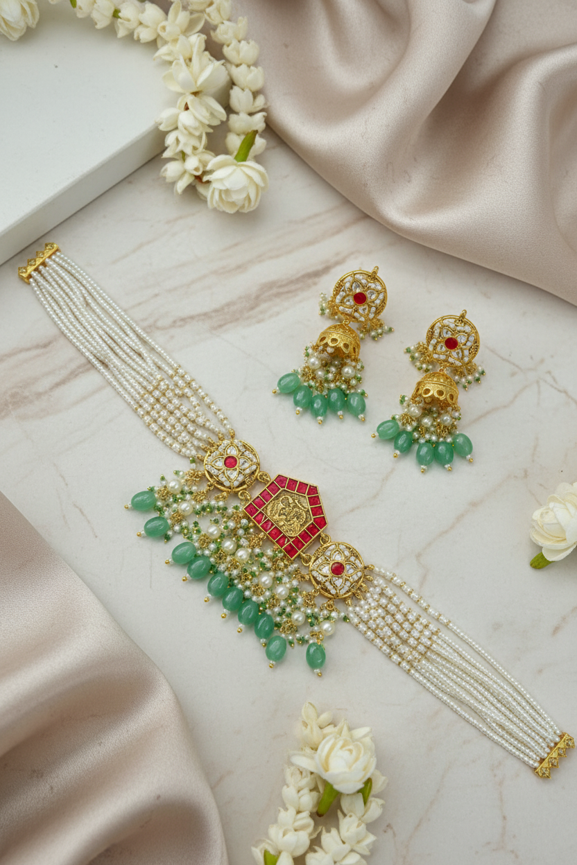 Rudrakshi Heritage Pearl Kundan Necklace Set with Green Beads and Earrings
