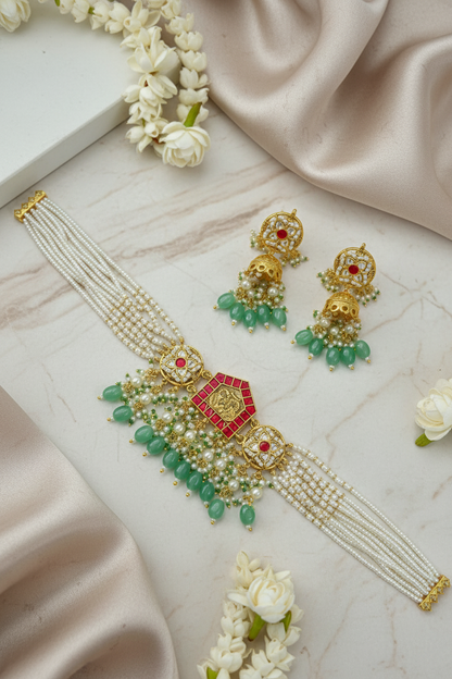 Rudrakshi Heritage Pearl Kundan Necklace Set with Green Beads and Earrings