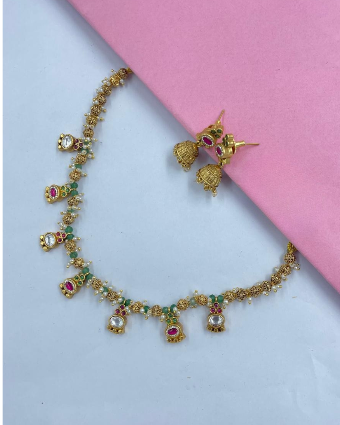Royal Jadtar Kundan Necklace Set with Green Beads & Pink Stone Drops | Traditional Gold Bridal Jewellery  Alankrent by Alankrent