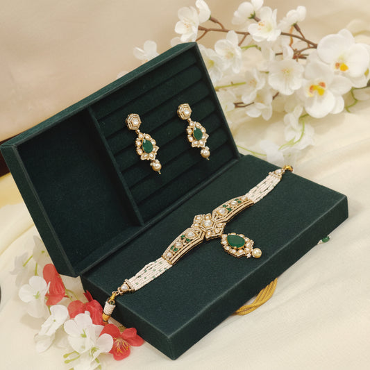 Zareen Emerald Polki Moissanite Choker Set with Pearl Beads & Matching Earrings | Bridal Jewellery