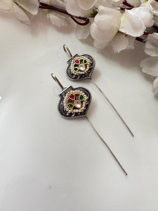 SLA Silver Needle Ear Cuffs with Kundan Fusion | Minimal Heritage Statement Earrings | Alankrent Luxe